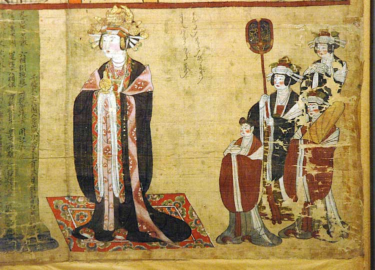 Buddhist donors, detail of 'Bodhisattva Kshitigharbha, the six ways of rebirth and the 10 kings'. Cave no. 17. Painting on silk.